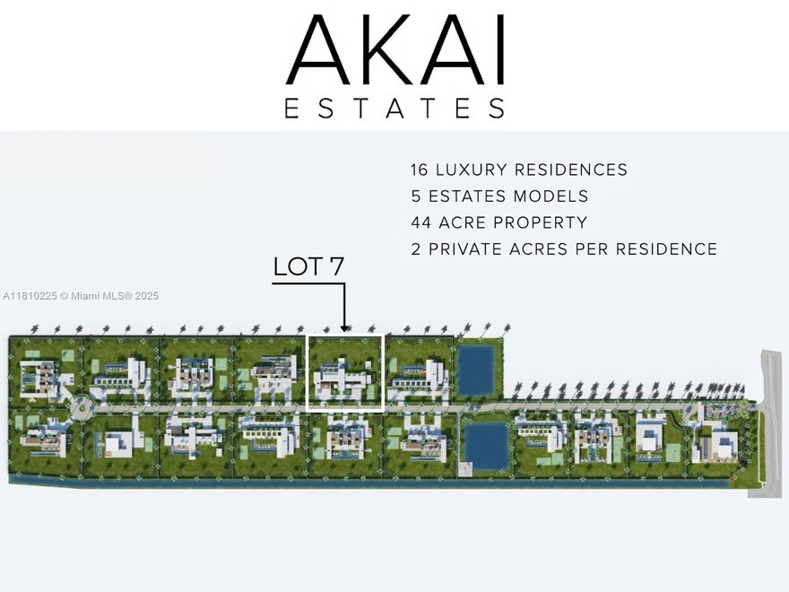 This 2 Acre Lot,  located in an unrivaled location within the Prestigious AKAI Estates Development Comprised of 44 tropical Acres. Residences and guests are greeted with a Staffed Security Guard 24/7.  Once inside, lakes and fountains shimmer in the sunlight, and provide a Royal Palm Tree lined road leading towards your Residence that include a proposed private community Helipad and  two Putting Greens. AKAI Estates is a boutique community with only 16 Luxury Estates.  Every Estate comes with its own Aquatic Center. Several amenities upgrade options, such as tennis courts, pickleball court, putting green and outdoor and/or indoor basketball courts. Sale of this exceptional lot is part of the Akai Estates Collection of Models designed by the Internationally Acclaimed Architect Vasco Vieira.