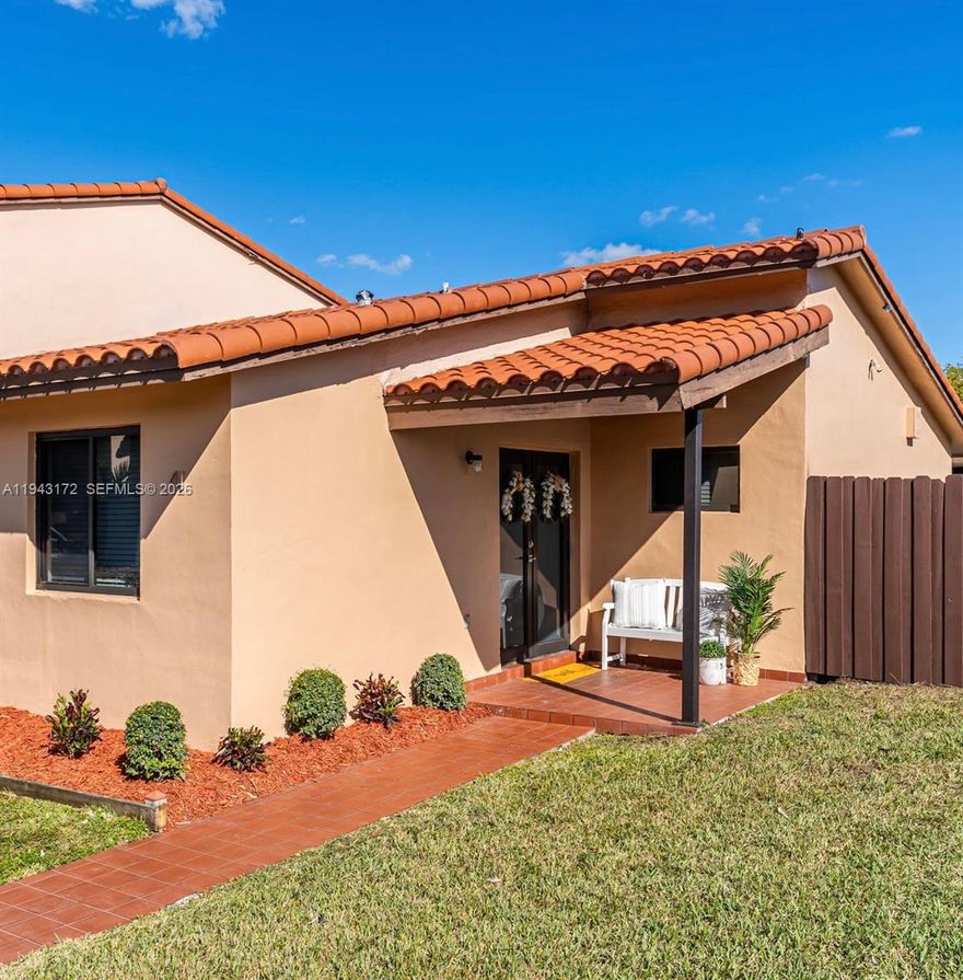 Welcome to this beautifully updated one-story, 3 bedroom, 2-bathroom corner townhouse in the desirable Tropical Park Condominiums community. The community features a luxurious community pool for South Florida living. Featuring 1,113 sq. ft. of living area, this home stands out with extra outdoor space thanks to its corner location and additional side yard. Situated right next to the entrance of the community, this unit offers exceptional privacy with only one neighboring unit to the left and no neighbors behind, a rare find that adds long-term value.  Enjoy the convenience of two assigned parking spaces and the peace of mind provided by impact windows and doors throughout. The home comes equipped with refrigerator, stove, dishwasher, washer, and dryer, making it truly move-in or rent-ready. Residents enjoy gated security, adding an extra layer of comfort and appeal for both homeowners and tenants. The home's location provides easy access to Miami's vibrant cultural scene, beaches, and major highways, making commuting a breeze. Its prime location places you within walking distance to Tropical Park and allows for outdoor activities and a serene lifestyle. The area has many popular restaurants and it's just minutes from the Palmetto Expressway, a major advantage for commuters and rental demands. With strong rental interest in the area and limited one-story corner units available, this property presents an excellent investor opportunity as well as a comfortable primary residence.