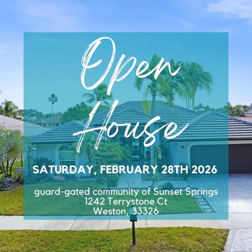 BACK ON MARKET! Your second chance to own this contemporary masterpiece in the prestigious gated community of Sunset Springs. Join us for an OPEN HOUSE this Saturday, February 28th! This fully furnished, smart-home sanctuary offers an unparalleled blend of modern luxury and tropical serenity. Step through the upgraded front entrance into a light-filled interior featuring porcelain tile floors, designer accent walls, and upgraded light fixtures. The open-concept layout is complemented by motorized window treatments and high-end finishes throughout.
The kitchen flows seamlessly to an entertainer’s dream backyard. Enjoy a resort-style heated salt pool and jacuzzi, two fire features, and a premium outdoor BBQ kitchen with a bar and wine fridge—all overlooking peaceful lake views. The property is a private tropical orchard, featuring mature Mango, Fig, Papaya, Avocado, and Kiwi trees, accented by Italian Cypresses and custom landscape lighting.Built for efficiency and peace of mind, the home includes a full solar system, EV charger, hurricane impact windows (4 yrs), a new flat tile roof (2 yrs), and new AC (2.5 yrs). The garage features custom storage, closets, and a second refrigerator. This turnkey, waterfront gem in one of Weston’s most verdant communities won’t last long again.
WE SEE YOU AT THE OPEN HOUSE THIS SATURDAY 28 FROM 11AM-4PM