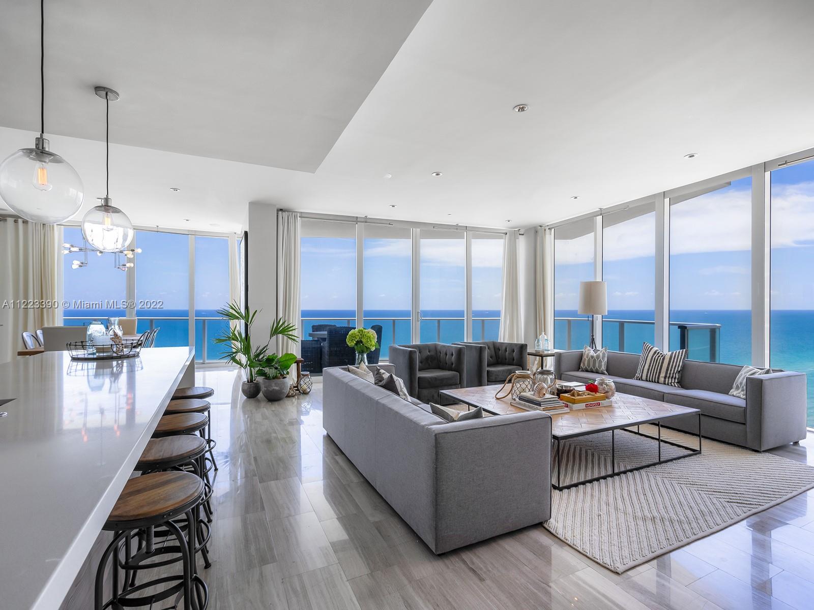This oceanfront residence at Apogee Beach Hollywood was custom-designed with significant upgrades and alterations, including a large primary suite with sitting area, peek-a-boo bathroom with enclosed shower, and two walk-in closets. The chef’s kitchen offers Subzero and Wolf appliances, including a large wine fridge and marble countertops throughout. Enjoy endless ocean-to-city vistas from the comfort of your living area, as well as the spacious oceanfront balcony. Offering two parking spaces, a storage unit, and a private poolside cabana with direct ocean views, conveniently located near the building’s full roster of amenities. Amenities include a 240-foot oceanfront, pool, fitness center, club room, theater, and kid’s lounge.