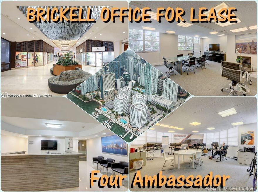 OFFICE 3 - FOR LEASE/FOUR AMBASSADORS/ EASY TO SHOW./Last MONTH, the 13th month is free. Renovated! Total Space 1.500 SQFT. One (1) individual separated private office with City view (ideal for 3 desks with 3 people) plus (shared) Full kitchen, bathroom, lobby conference room. Ideal for Technology Company, Attorneys, Accounts, companies. Total $2,700/Month. Including: electricity, water, property taxes, cam, condominium, weekly cleaning, basic internet. Located in the lobby/ Mezzanine of Four Ambassadors (Waterfront) hottest location in Miami: 1 Block from Brickell Key and Brickell city. Rent also includes the building amenities allowed to be used: Gym, Pool, Sauna, Café, Grocery store, beauty salon, laundry, Pool Bar etc. Move-in First month + 2 securities