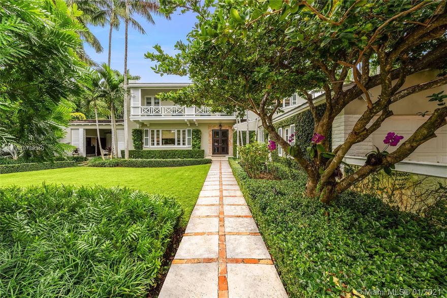 This Florida style private retreat on Sunset Island II is surrounded by tall palms & hedges for utmost privacy. Boasting a picturesque gated, front garden entrance, elegant interiors w/ terrazzo & wood floors & detailed doorways, smart home features such as a Nest system & Ring doorbell, formal dining room, living room w/ a fireplace, & master bedroom with his & hers walk-in closets & a spacious seating area, this 4 bedroom, 4 full & 1 half bathroom residence is the perfect oasis. In the chef’s kitchen find marble countertops, Sub-Zero & Wolf appliances. The outdoors are an entertainer’s dream w/ a beautiful pool, full outdoor living room & bar & a summer kitchen with an Al Fresco grill. Located in one of Miami’s most coveted guard, gated private islands, the Sunset Islands.