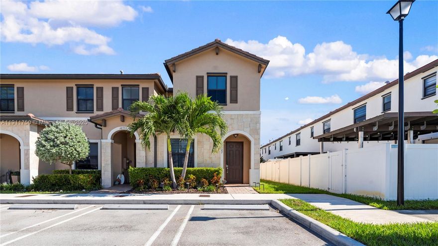 Experience modern comfort and resort-style living in this corner townhouse in the sought-after Aquabella community near Miami Lakes. Built in 2018, this 3-bedroom, 2.5-bath home offers 1,540 sq. ft. of upgraded living space with new flooring, new window treatments, and abundant natural light. The private patio features brick pavers and a storage shed, ideal for outdoor entertaining. Aquabella is a 24/7 gated community with multiple resident and guest entrances, two elegant clubhouses with resort-style pools, cabanas, BBQ areas, gyms, and rentable event rooms. Enjoy nature trails, dog parks, and lush green spaces throughout. The home faces a large grassy lot—perfect for family time or quiet evenings outdoors.