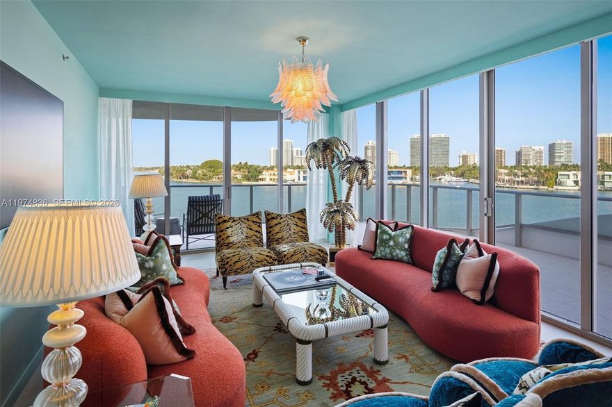 Wake up everyday to sparkling turquoise water and shimmering skyline views in this one of a kind, corner residence! Onda #506 offers 3,523 interior and 1,526 exterior square footage. The wrap around terrace provides true South Florida indoor outdoor living! Bespoke design with the finest window treatments and wall coverings by Elizabeth Ghia Interiors includes a private elevator foyer welcoming guests to your home! Features include vintage Murano chandeliers, Snaidero kitchen with marble countertops and premium Miele appliances. 4 bedrooms each with en suite baths and oversized closets. Floor to ceiling sunrise and sunset views. The cherry on top of #506 is the one of kind media den transformed into the chicest movie room in Miami! A waterfront, boutique enclave of only 41 owners offering all the conveniences of a private home with the luxury of a white glove condo! Ugo Colombo's 'Onda' by award-winning Arquitectonica includes a stunning infinity edge, rooftop pool, jacuzzi, and dining area along with 24 hour security. You'll enjoy valet or self parking (2 spots), a modern gym, private spa, yoga room, steam, sauna, treatment areas, EV chargers, individual storage area, paddleboards, and kayaks! A 60" foot boat slip with direct ocean access through Haulover Cut is available from Developer. The Bay Harbor / Bal Harbour zip code is one of the hottest residential areas in the country with residents enjoying the Bal Harbour Shops, restaurant lined streets, and the beach lifestyle.