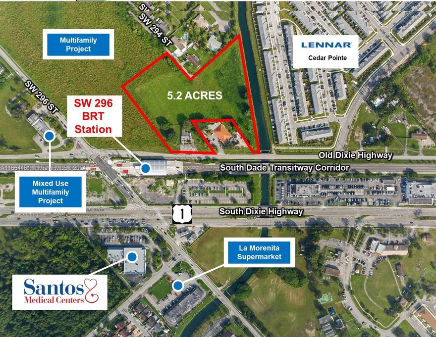 Prime South Dade land development opportunity to acquire a 5.2-acre site right in the center of one of Miami's greatest developing hubs, Naranja and Homestead.  The property comprises 3 adjacent parcels with direct frontage to Old Dixie Hwy and US1.  It is located directly across street of the Transitway Station on the North side of SW 296 ST.  The subject property is within one-quarter (1/4) mile of the Rapid Transit Zone (RTZ), and therefore  be develop in accordance with the  Comprehensive Development Master Plan's (CDMP) Community Urban Center policies.  Permitted uses on this site: Mixed-use development with a floor-area ratio (FAR) up to 2.0 and Residential density of 60 units/acre, Schools (K-12), Hospitality, General Retail, Urgent Care, Religious facilities, and others