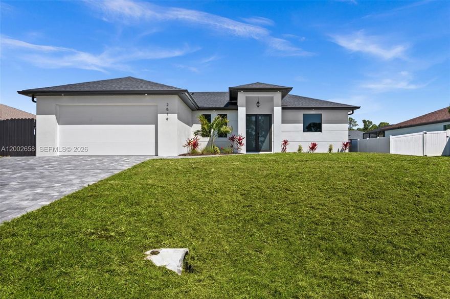 Welcome to the "Moonstone" Model. This amazing home is the perfect blend of value, comfort, luxury, style, and security. This beautiful new construction is built for everyone who wants to live with all the comforts of 'home.’ Impact windows and doors, European style kitchen featuring soft closing cabinet doors, drawers and Bloom hardware, high-end appliances, double oven, hood, cooktop, wine cooler, and much more. Master bedroom with custom designed built in walk-in closet, master en-suite with glass shower enclosure, double vanity, and linen closet. Two spacious bedrooms with walk-in closets, guest bathroom with glass shower enclosure. Home offers open concept layout with 10-foot-high interior ceilings, 8-foot-high designer doors. Outdoor kitchen with marble countertops and 1/2 bath by the pool, ready for enjoyment 12' x 24' beautiful pool with Sun Ledge, 2 car garage, washer, dryer, and laundry sink. "NO FLOOD INSURANCE NEEDED". Engulf in the multitude of upscale details that you must see to appreciate. Enjoy your day by the pool or explore everything Cape Coral has to offer. Do not miss out on this one-of-a-kind opportunity! Schedule your showing today and make this beauty your home!