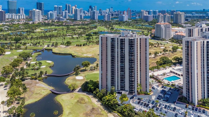 FULLY UPDATED 1BR/1.5BA unit with stunning panoramic views of golf course, city line & pool! This bright and spacious condo features MODERN AND OPEN KITCHEN WITH QUARTZ COUNTER TOPS & STAINLESS STEEL APPLIACNCES, sleek porcelain tile floors throughout, freshly painted interiors, UPDATED bathrooms ALL IMPACT WINDOWS AND SLINDING GLASS W/ BLACKOUT ELECTRIC BLINDS. A/C 2024!  Includes 24/7 security, with a renovated lobby and hallways, covered garage parking, and unlimited guest parking. Amenities include pool, sauna, jacuzzi, gym, clubhouse, card room, and library. Maintenance covers water, cable, flood insurance, fumigation, and assigned garage parking. Walk to Aventura Mall, restaurants, houses of worship, and the 3-mile path. Easy access to I-95 and future Brightline station.