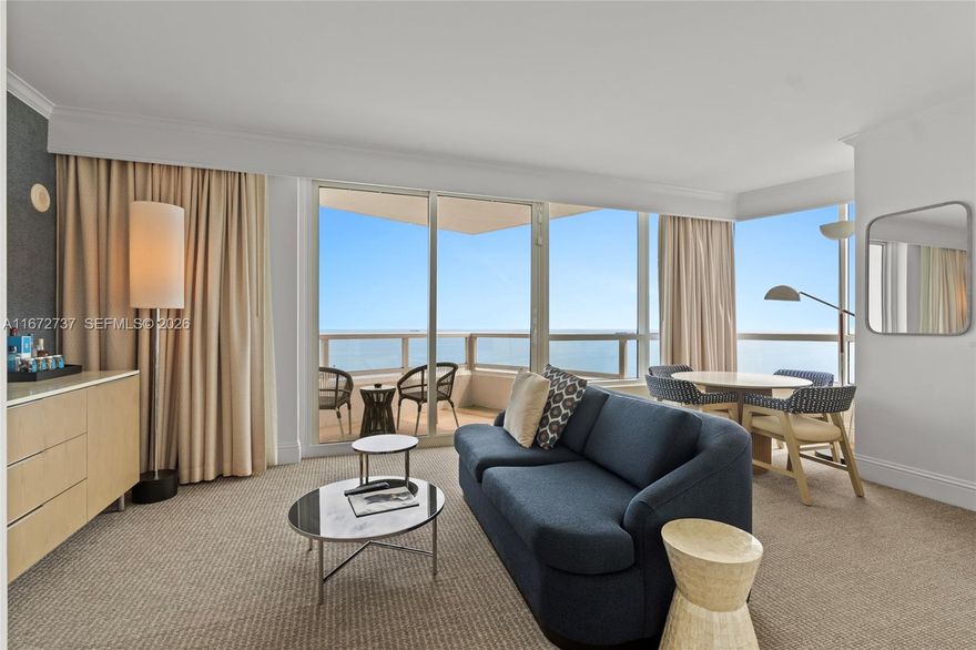 Rarely available, this 2BD/3BA unit at Fontainebleau II offers stunning, unobstructed views of the ocean, bay, and city. Fully furnished and turnkey, the unit features floor-to-ceiling windows, a full kitchen, 2 king beds, 2 sleeper sofas, 3 balconies, and in-unit washer/dryer. Enjoy resort-style living with full-service amenities. Option to enroll in hotel rental program & receive income while away! The Fontainebleau resort offers award-winning restaurants, LIV night club, Lapis spa & state-of-the-art fitness center, bakery, shops, full-service salon and more. Maintenance fees include all utilities: AC, internet, cable, local calls, electricity, valet + daily free breakfast in owner's lounge. Please click the virtual tour link to see a video of the property.