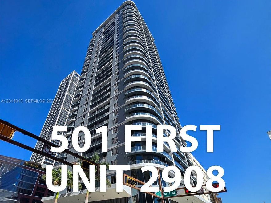 This newly completed 29th-floor residence at 501 First offers an exceptional turnkey opportunity with high-demand skyline views, no rental restrictions, and a prime location in the heart of Miami’s rapidly expanding Worldcenter district. Unit 2908 represents a high-yield asset in one of the city's most desirable new developments, perfectly positioned for both short-term rental income and long-term capital appreciation.  This 1-bedroom, 1-bathroom unit featuring a sleek, modern floorplan designed for maximum efficiency. Located on the 29th floor, the unit offers 535 square feet of interior living area complemented by an expansive 86-square-foot balcony.  The deep terrace provides north-facing views of the evolving urban core, overlooking iconic landmarks like the Freedom Tower and the Kaseya Center.  Situated at the epicenter of Miami's multi-billion dollar Worldcenter project, the property offers unparalleled connectivity. Directly adjacent to the Brightline high-speed rail station, offering a critical transit link for travelers and business professionals alike. Steps away from world-class dining, the Miami Heat arena, and the upcoming world-class shopping promenades. The building’s policy allowing for unrestricted short-term rentals makes this an ideal candidate for high-frequency vacation rental platforms.