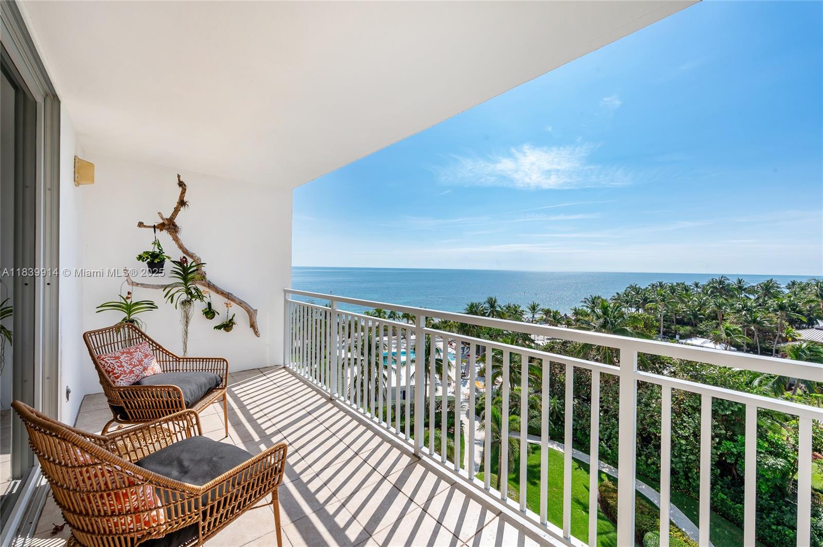 Located in Key Biscayne's most sought after boutique beach building. The Sands is situated on an Ocean front 6 acre botanical garden. The 2 bedroom, 2 bath flat has been tastefully updated offering an open floor plan with gourmet kitchen , laundry room, extra spacious bedrooms and baths. Only 2 units per floor allow for a private lifestyle in this beach front setting. A large heated and chilled pool and cabana overlook the ocean. Amenities include gym, party room, beach umbrella service , lovely outdoor dining areas , beach paddle court, paddle and surf board storage. Gorgeous views in this unique tropical setting make this a stand out.