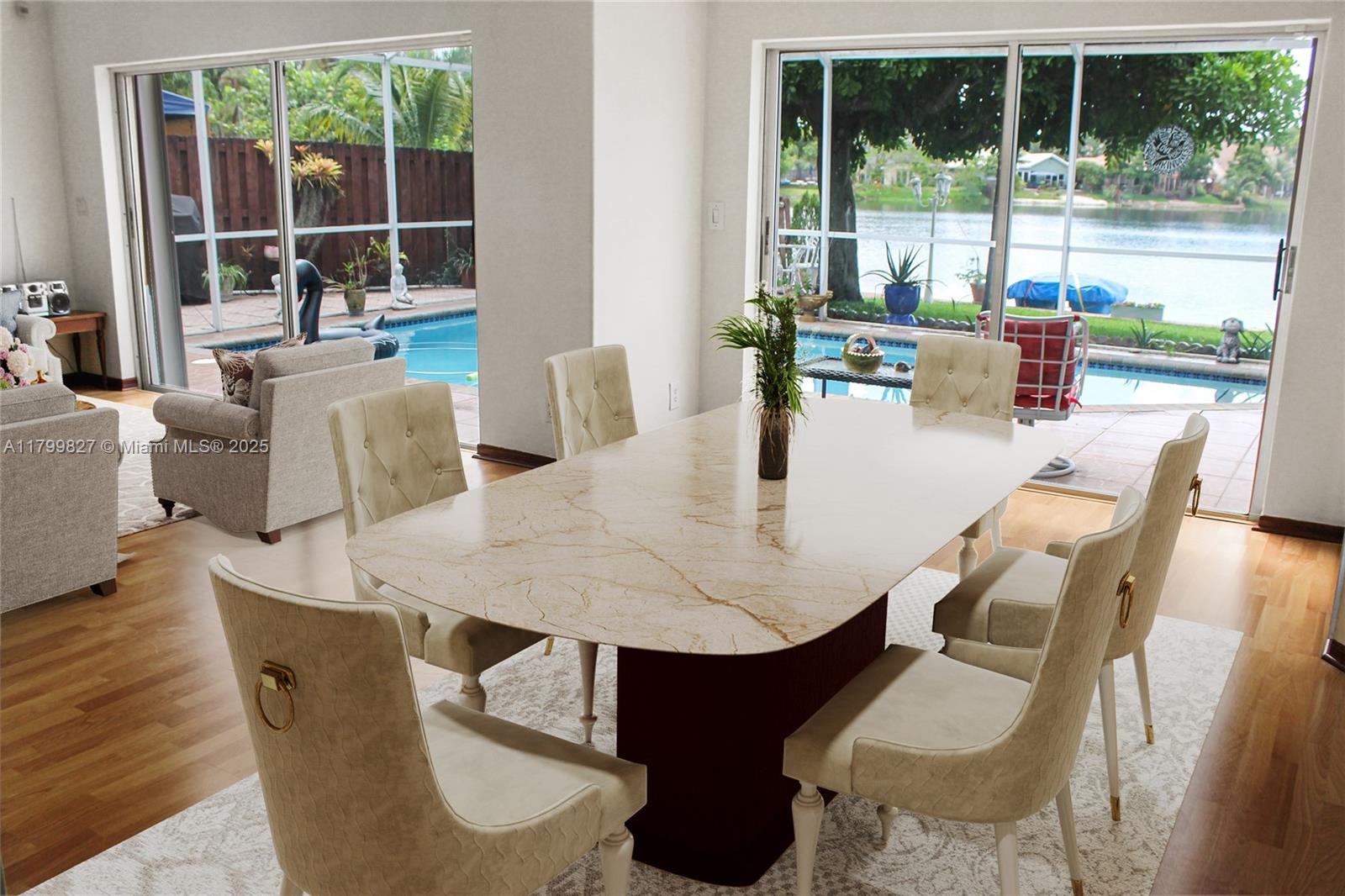 Don't miss it! RARELY available! WIDE OPEN LAKEFRONT in gated Reflections at Rock Creek. 3/2.5 +OFFICE! BARREL Tile Roof 2024. Rheem 5 Ton A/C Jan 2023.Featuring high ceilings/abundance of natural light. The updated kitchen features granite countertops, stainless-steel appliances, and the best view while cooking or eating. This home offers lovely direct water views with seawall and breathtaking sunset views from this navigable lake. The tropical private backyard features an oversize screened saltwater system pool with heater for all year enjoyment. Also, yard offers a cover patio, creating the perfect space for relaxation/outdoor gathering. ROCK CREEK community with 2.75-mile walk/jog path, lakes, parks, tot playgrounds, tennis, pool. Pet friendly community. Top-rated schools. GYM & POOL.