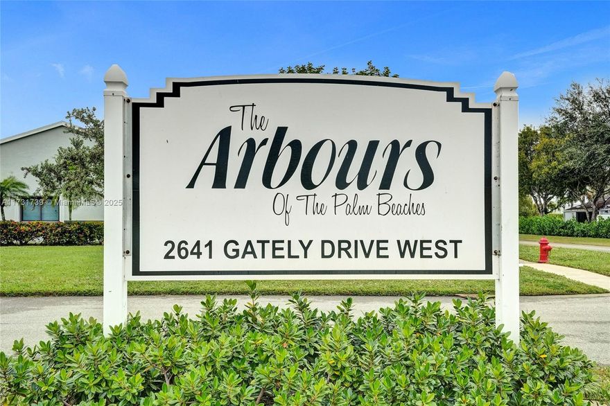 3 bedroom, 2 1/2-bath townhome in Arbors of the Palm Beaches, a 55+ active adult community. The updated kitchen features 42-inch premium cabinetry, granite countertops, tile flooring, &  stainless steel appliances. The spacious living & dining area leads to a screened-in patio w/ an extended private deck featuring pavers, perfect for sitting outside. The primary suite includes a remodeled bathroom & walk-in closet, while the sizable secondary bedrooms share a beautifully remodeled guest bathroom. Laminate flooring runs throughout the living area, stairs, & second floor. Washer & dryer on the patio. Accordion shutters! The roof was replaced in 2022. Community amenities include a pool, tennis court, pickleball, and a clubhouse.  Association has full reserves, so 3% conventional loan okay.