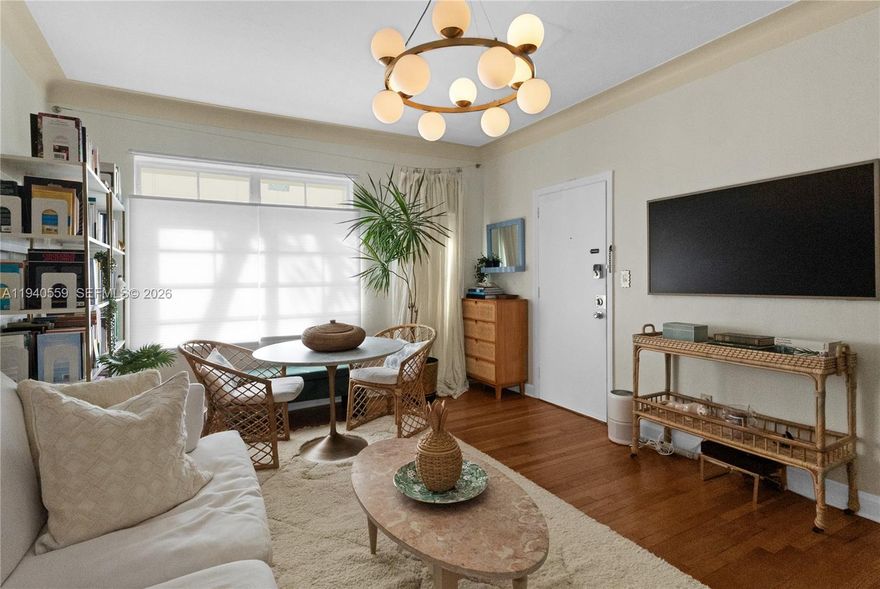 Charming & Chill vibes at this 1 Bedroom 1 Bath Condo in a Boutique/ Art-deco Style building in South Beach! Gorgeous wood floors, original (not active) fireplace, balcony, in-unit washer & dryer, archways AND walk-in closet. The layout is fantastic with a separate living room, dining room and kitchen. King size bed fits in bedroom! 40 year recertification complete! New water heater, landscaping AND roof in building! No SIRS or Milestone Inspections required. Walk for 10 minutes to the Beach or Flamingo Park.. a little bit more and you reach Lincoln Road. Close to groceries, restaurants and more! OK to Lease right away!!
