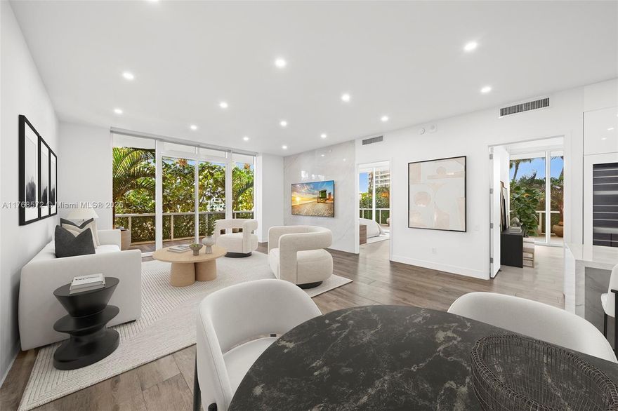 Welcome home to this one-of-a-kind, proficiently designed 1,933 SF corner residence featuring dramatic 12' ceilings and wrap-around glass walls. A lushly landscaped 1,000 SF wrap terrace invites for entertaining or lounging surrounded by greenery. High-end finishes include custom millwork, architectural lighting, automated shades, backlit LED mirrors, 7-ton A/C +more. The open kitchen features a 60" fridge/freezer, tall Miele climate-controlled cava vault and large island. The dreamy principal suite offers a spa bath retreat, dual shower heads w/individual temperature controls & a 71" floating tub. Live in the highly coveted South of Fifth enclave in one of the best lux towers designed by Philippe Starck. Walk to Miami's top culinary scene alongside a mega yacht marina leading to the sand.