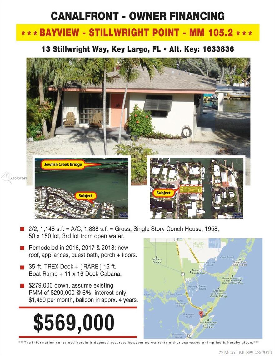 50-FT DEEP WATER CANALFRONT*** 2/2 WITH RARE BOAT RAMP***MM 105.2 BAYSIDE KEY LARGO***NEW ROOF + REMODELED KITCHEN + GUEST BATH + PORCH***35-FT TREX DOCK WITH 11 X 16 CABANA***OWNER TERMS WITH $279K DOWN***TEXT TO SHOW
