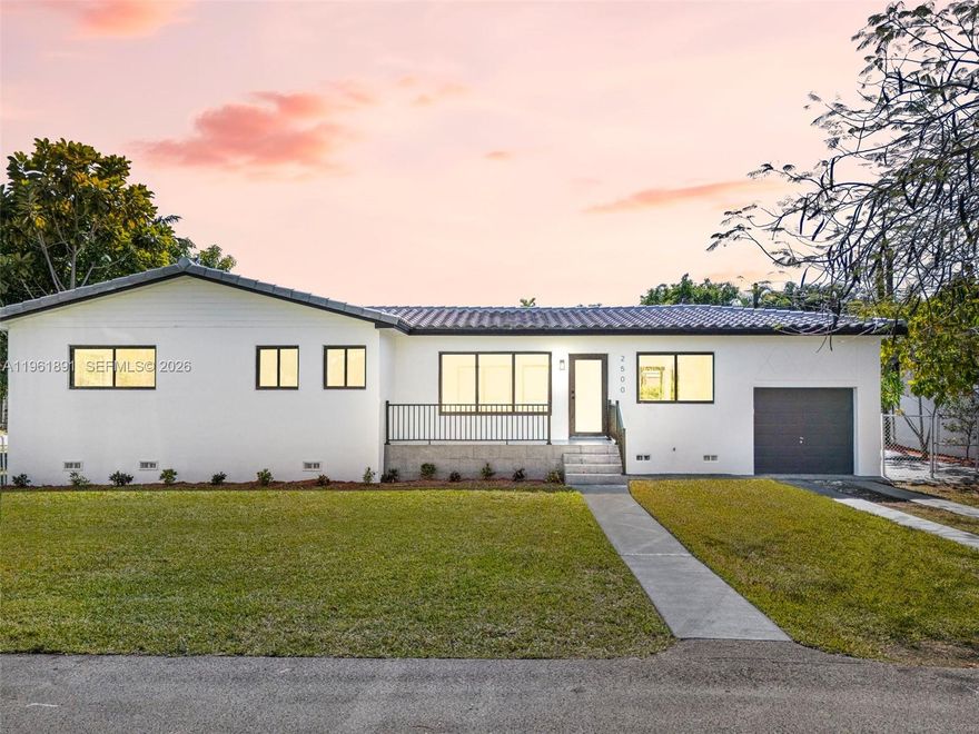 Experience modern luxury in the heart of Silver Bluff at this stunningly reimagined residence. Situated on a premier corner lot, this 3BR/2.5BA masterpiece features a brand-new barrel tile roof and full high-impact windows and doors for ultimate peace of mind. Step inside to an expansive open-concept floor plan adorned with exquisite Calacatta tile throughout. The chef’s dream kitchen boasts a dramatic waterfall island, premium stone accents, and state-of-the-art appliances, perfect for high-end entertaining. The primary suite and guest rooms offer designer finishes and spa-like bathrooms. Outside, the oversized lot provides rare privacy in an urban oasis. Ideally located just minutes from Coconut Grove, Brickell, and Coral Gables. Great school district. Truly a move-in-ready gem for the discerning buyer.