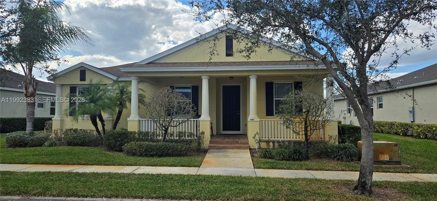 Wonderfully designed Vizcaya model home sits in the heart of coveted Pointe West's East Village. 3 bedrooms, 2 baths and a 2 car garage. Tiled throughout, tray ceilings and stainless steel appliances. Amenities in the area include pool, clubhouse and golf course. Lovely relaxing view from the front. Alley way in the back for garage access.