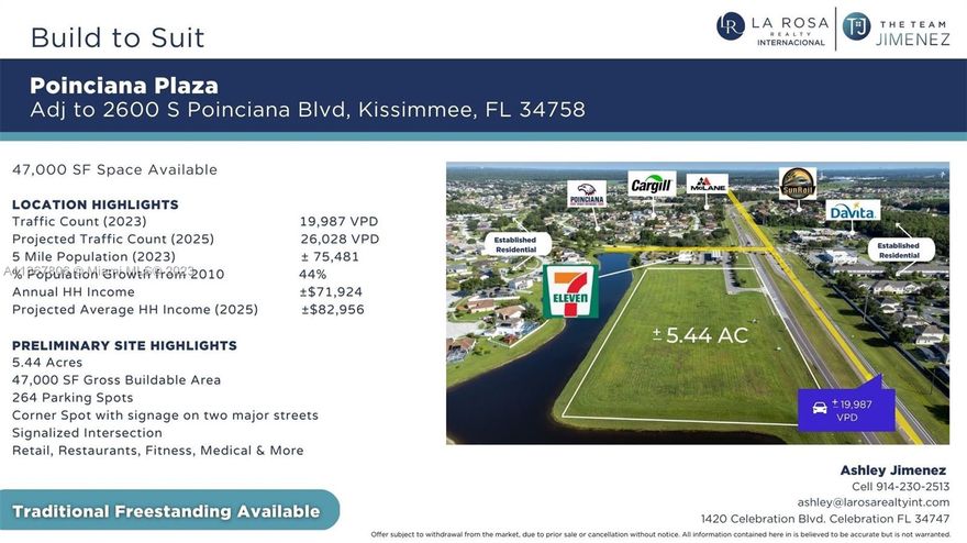 5.44-acre Plaza adjacent to 7-Eleven. 20K vehicles per day (VPD) passing along S Poinciana Blvd. Zoning allows for retail, restaurant, fitness, medical and more! 47,000 SF Gross Buildable Area, Approx. 264 Parking Spots, Corner spot with signage on two major streets, and signalized intersection. 82 acres close to the SunRail Station are designated for multi-family homes in the foreseeable future and the S Poinciana Blvd Road Widening Project is set to finish in 2026. The property is in front of the Gated Trafalgar Village Airbnb Community. With more 5,000 homes in the area and surrounded by multiple educational institutions, residents and attendees will benefit from the various amenities tenants can bring to the area. Build-To-Suit and Traditional Freestanding Available!