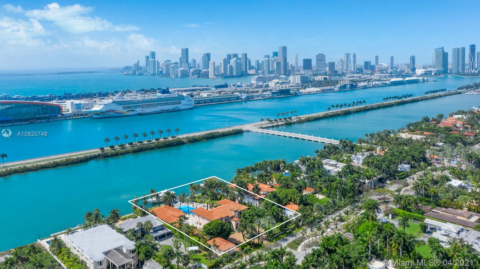 A remarkable palatial waterfront estate located on the estate section side of guard gated, Palm Island. This property sits on 2, 30K SF lots for a combined 1.5 acres and 200 feet of waterfront. A boater's dream! The property boasts 14,000 SF. The main house is 6 beds, 7.5 baths with home theater, chef’s gourmet kitchen & formal dining room. A 4 car garage with a 2 bedroom apartment sits above. Separate pool house, perfect for entertaining with an onyx bar, steam showers, his and her cabanas, and full gym. Offering the best of the sophisticated indoor and outdoor lifestyle enjoy spectacular vistas of cruise ships, Biscayne Bay, and Miami's gorgeous skyline.
