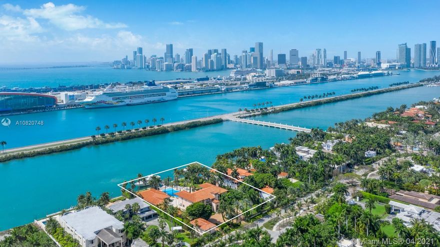 A remarkable palatial waterfront estate located on the estate section side of guard gated, Palm Island.  This property sits on 2, 30K SF lots for a combined 1.5 acres and 200 feet of waterfront.  A boater's dream!  The property boasts 14,000 SF. The main house is 6 beds, 7.5 baths with home theater, chef’s gourmet kitchen & formal dining room.  A 4 car garage with a 2 bedroom apartment sits above.  Separate pool house, perfect for entertaining with an onyx bar, steam showers, his and her cabanas, and full gym.  Offering the best of the sophisticated indoor and outdoor lifestyle enjoy spectacular vistas of cruise ships, Biscayne Bay, and Miami's gorgeous skyline.
