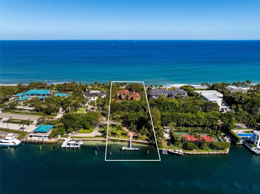 Welcome to 1091 Hillsboro Mile, a grand ocean-to-Intracoastal estate offering 125’ of pristine ocean frontage and 130’ of no-wake Intracoastal dockage. This is an opportunity to acquire a generational family compound that feels like your own private beach resort. Situated on 1.35 acres along Hillsboro Mile’s prestigious stretch of oceanfront estate homes, the 10,000+ SF mansion features 6 beds, 6.5 baths, elegant living spaces & entertainment areas with breathtaking views of Florida’s pristine Atlantic waters. The expansive outdoor area boasts a gorgeous patio, summer kitchen, fireplace, fountain, pool & pathway to your private beach.  For buyers seeking privacy,the property is located mid-island w/a gated entrance and within close to private airports, the Hillsboro Inlet & service marina.