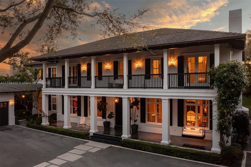 Designed by architect Raul Sotolongo, this impeccable 9,527 SF estate blends timeless elegance with Southern contemporary charm on a 42,900 SF lot. Soaring ceilings, walnut hardwood floors, and a grand living room with a fireplace create an inviting ambiance. The gourmet kitchen features a Calacatta marble island, Wolf and Sub-Zero appliances. Expansive first and second-floor covered terraces offer exceptional space for relaxation and entertaining. Lush landscaping, enhanced by Lutron-controlled lighting, surrounds a heated saltwater pool, cabana bath, and a covered pavilion with a summer kitchen and Alfresco grill. A wet bar, upstairs family room, Sonos system, and whole-house generator add to the home's luxury and comfort. A true sanctuary offering luxury, privacy, and sophistication.