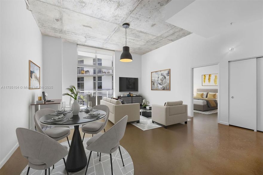 Spacious loft-style 1-bedroom, 1-bath residence in The Meridian, a boutique building across from the Miami Beach Golf Club and Botanical Garden. Ideally located just a few blocks from Lincoln Road, Sunset Harbour, and the beach. This quiet, courtyard-facing unit features soaring ceilings, polished concrete floors, stainless steel appliances, and a large private balcony. Architectural and concept drawings are included to convert the unit into a 2-bedroom, 2-bath layout—available for viewing. The Meridian offers 24-hour security, concierge, a rooftop pool and hot tub, fitness center, and on-site management. Deeded garage parking included. Seller has approved plans to convert the unit into 2 bedrooms and 2 bathrooms.