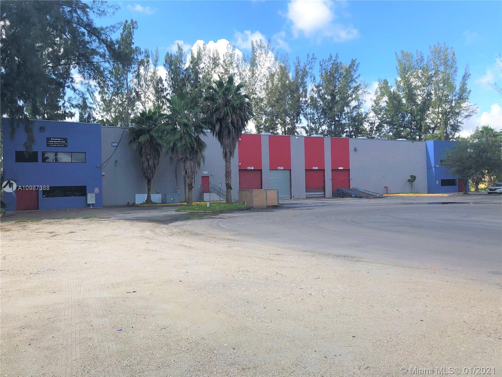 AIRPORT WEST! Excellent opportunity to OWN or LEASE, 21,500+/- sf. Building on a +/- 90,690 SF (2+ Acre) lot providing over 50+ parking spaces and/or the opportunity for outdoor storage. Property is located at the end of the road, making it possible to secure the yard and entrance/parking area, with security or even an automated gate. THERE IS NOT ASSOCIATION, THIS IS NOT A CONDO. FREE STANDING BUILDING. Property is min. FROM both Palmetto (SR 826) and Turnpike all less than a 1 from the property. 3-phase 480V electrical power, 22’ clear ceilings, fire sprinklers, 4 Dock high truck well, with over 16,500+ sq. ft. of warehouse space. The Property layout has potential for 2 separate tenants, or use one side and rent the other.
