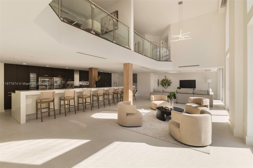 Introducing a newly price-improved 2-story penthouse nestled in the heart of Downtown Coral Gables. This one-of-a-kind residence has been thoughtfully updated to blend luxurious living with modern elegance. Sleek porcelain Beraice 48x48 tiles grace the main living areas, which flow seamlessly onto a massive private terrace. Enjoy the rare convenience of 6 included parking spaces and full concierge services. The open and spacious floor plan is enhanced by soaring 22-foot ceilings in the living and family room areas, creating an airy and inviting atmosphere. The kitchen is equipped with top-of-the-line Gaggenau appliances, perfect for culinary explorations.