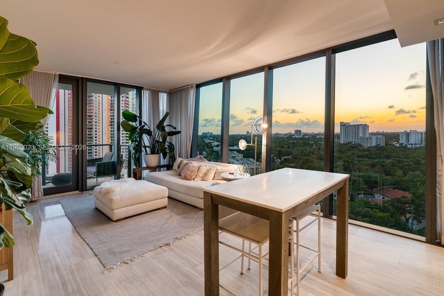 Zen + Privacy: Indulge yourself in this tastefully furnished corner unit at Echo Brickell with views spanning from the Biscayne Bay to the tree canopies along S Miami Ave. Stunning sunsets await, as viewed through 1404's floor-to-ceiling windows throughout its entire living area. Dedicated work area with standing/adjustable desk, foyer entryway for privacy. Miele espresso maker built-in to kitchen, summer kitchen for outdoor BBQ's. Echo Brickell is a boutique building offering keyless entry for convenience + smart home technology in-unit. Elevated & covered infinity pool area with bar/food service and happy hour specials. Fitness center equipped with peloton. Joe & The Juice and Rosetta Bakery on-site. Walk to Chateau ZZ's, Equinox, Rickenbacker, Brickell City Centre, Dirty French & more.