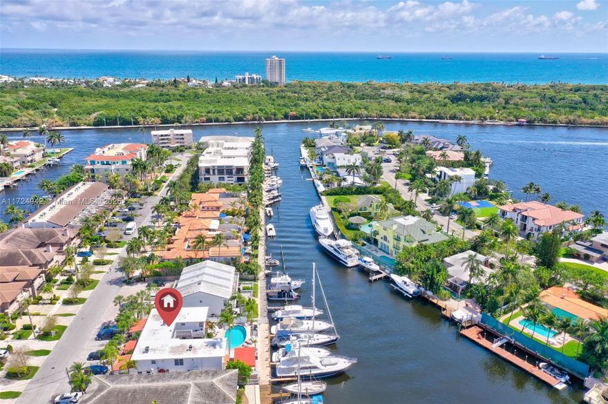 PRIME LOCATION in east Fort Lauderdale neighborhood, Coral Ridge. TURNKEY legal 7-unit short term vacation rental with 4 55'± slips. **NO FIXED BRIDGES** 1175± great AirBnb reviews. Can be rented daily, weekly, monthly or yearly. 1 LG BD/BA with private w/d, 4 1 BD/1BA, 1 BD/BA with kitchenette + 1 Studio with full kitchen. New decking on dock, new ACs, newer holding tank pumpout station, laundry facility, common area restroom, 2 Hypower pedestals, heated pool, BBQ area. Ocean Access property w/ desirable south-rear exposure on a wide canal opening into Lake Seminole. Approx. 1.4 mi to the beach, .8 mi to Galleria, 2.5 mi to Las Olas and 20 mins to FLL. Kindly do not walk the property or disturb guests.