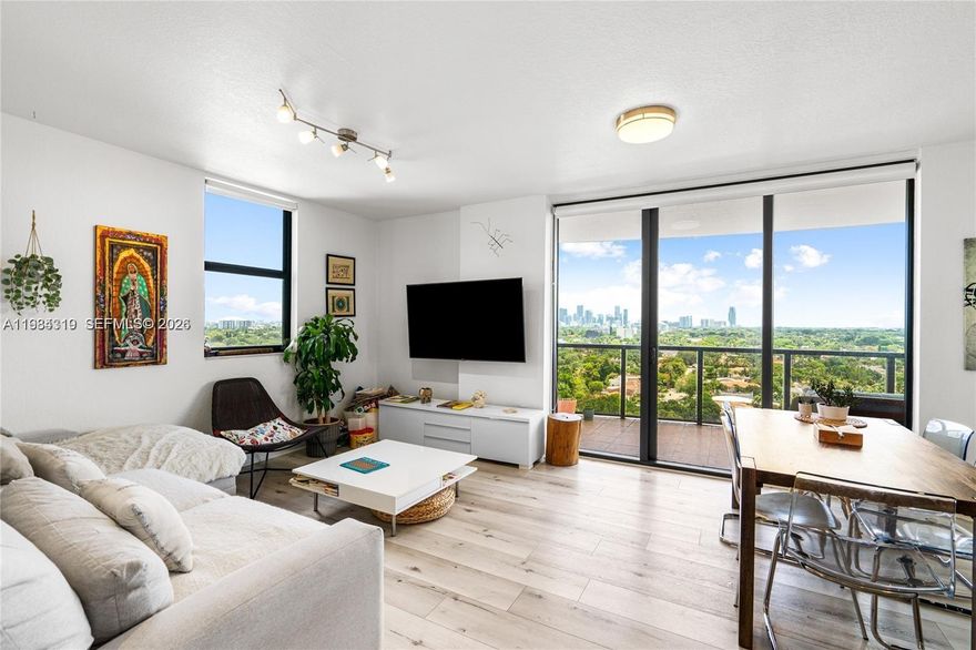 Enjoy panoramic downtown views,Coconut grove, & Bay.Wake up to amazing Sunrises. Updated 2/2 split bedroom 1200sf. New washer/dryer & Central air. Kitchen w/stainless steel appliances and large counter for easy access to the dining area. Impact windows & sliding glass doors.All tiled.Custom closets. 1 parking space in garage. Amenities: olympic pool, great gym, hot tub, bicycle storage room.Doggy Park. Only 66 units. Small Pets allowed.Can be rented immediately after closing. Across from Publix.Easy access to Miracle Mile restaurants & stores, Free shuttles, Coconut Grove,Shops at Merrick Park, Brickell, University of Miami,Jackson Hospital,Miami Beach. Steps to Metro rail and a short ride to Miami Airport.