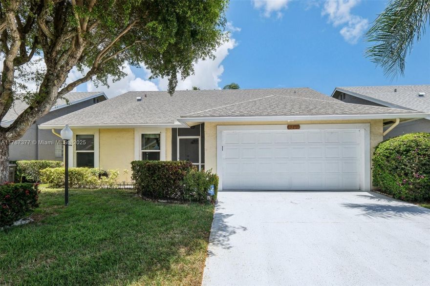 Spacious 2-bedroom, 2-bath home with den/office in sought-after 55+ gated golf community. Features split floor plan and 2-car garage. Vaulted Ceilings! Private backyard! Ready for your personal touch! Enjoy resort-style living with access to an 18-hole golf course, clubhouse, fitness center, pool, spa, tennis, pickleball, library, and more. Centrally located near I-95, Turnpike, shopping, dining, and beaches. Golf cart friendly with scenic walking paths throughout the community.
