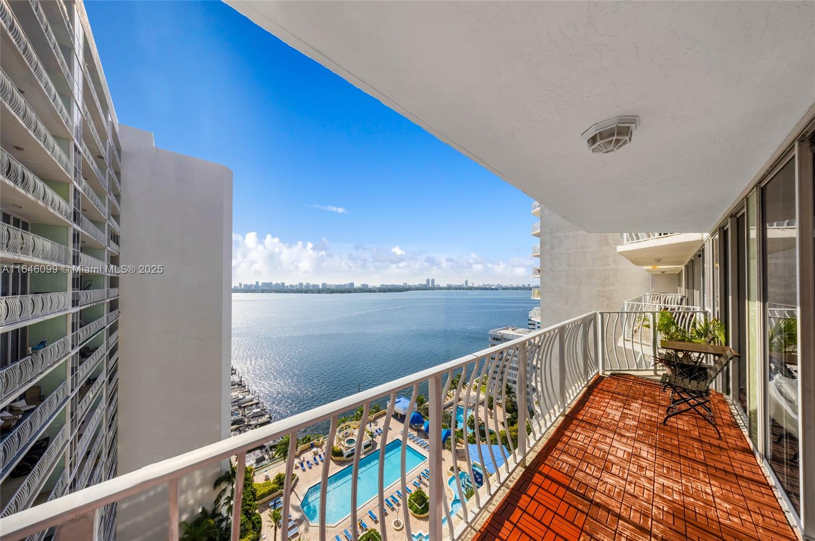 Enjoy stunning bay views from this two-bedroom, two-bath gem in North Bay Village. The spacious balcony is accessible from every room. Split floor plan that assures peace and tranquility. The building offers great amenities, including 24-hour security, an Olympic-sized pool, a jacuzzi, and more.