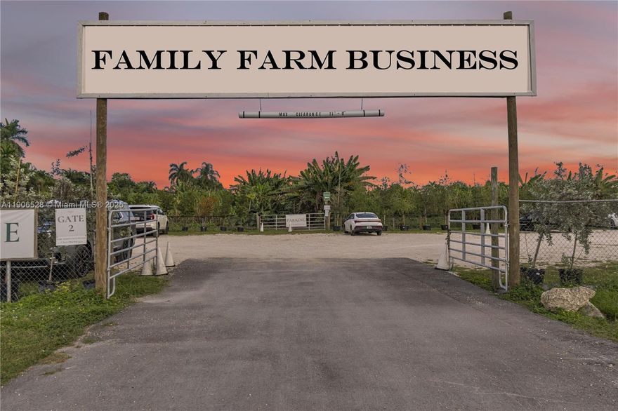 An exceptional opportunity to acquire a profitable and established family farm business generating over $1 million in annual gross sales, complete with valuable assets, licenses, inventory, and goodwill. Located on Krome Ave., this scenic, family-owned destination has become a local landmark for agritourism, family entertainment, and social events. The business offers multiple revenue streams, including: Family Fun & Amusement Events, Farmer’s Market & Nursery Operations, Private Events & Venue Rentals, and All-Natural Farming Practices. This turnkey business includes modern equipment, fixtures, and infrastructure to support continued growth, along with valuable brand recognition and loyal clientele. There is also potential for expansion.