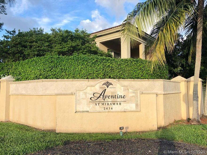 Beautiful condo with 2 beds/2 baths, walk-in closets, nice size living room, plenty of cabinet space in the kitchen. Laundry room inside the unit with full-size washer & dryer. Entire unit is freshly painted, wood floors throughout the condo, clean and ready to move in. Located in the stunning lakefront condominium in the Aventine at Miramar gated community, with resort-style amenities, community pools, gyms, tennis, jogging or biking trail around the beautiful lake, playground and more. Close to shopping, school, and Turnpike. Association fee includes water, pest control, valet trash, insurance (roof and structure of the building) and all amenities. No HOA approval needed for tenants. All you have to do is bring your personal belongings and you're all set!
