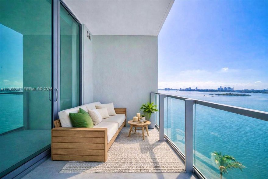 Private elevator entry to this beautifully designed 1BD/2BA in Edgewater with sweeping bay and city views through floor-to-ceiling windows and sleek porcelain tile floors. Open-concept layout with a modern kitchen, ideal for everyday living and entertaining, with seamless flow to a private balcony.
Spacious primary suite with walk-in closet and spa-style bath featuring dual vanities, soaking tub, and glass shower. In-unit laundry (new washer/dryer 2025), assigned parking, and offered fully furnished. Full-service building with resort-style amenities, now enhanced with pickleball and on-site wellness experiences like BODYBAR Pilates, steps from Whole Foods, Midtown, and top dining.
