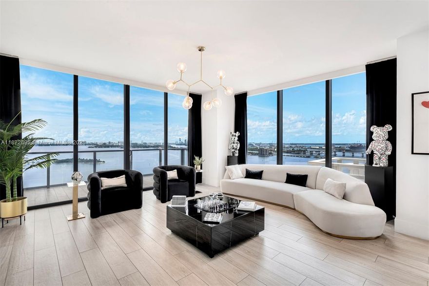 Edgewater’s most exclusive boutique development, with only 94 residences, offers refined half- and full-floor layouts. Residence #2301 features 3 bedrooms + Den, 4.5 baths, and a coveted SE corner with sweeping views of Miami Beach, Edgewater, and Wynwood. Interiors boast 10-ft floor-to-ceiling windows, a gourmet kitchen with Wolf gas range, Sub-Zero appliances, and black Calacatta quartz countertops. Custom headboards, built-in closets, wood-porcelain floors, automated shades, and a private elevator foyer complete this residence. Designed by Jean-Louis Deniot, the tower offers 2 pools, fitness center, spa, and 5-star concierge services.