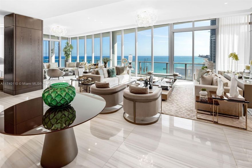 A pinnacle of elegance and exclusivity, the 2-story Chateau sky villa redefines beachfront living. With 8,117 SF, boasting 5 beds + staff & 7.5 baths, this masterpiece seamlessly blends sophistication & comfort, with fine millwork & top interior design. Arrive via your elegant private foyer into soaring 12-ft ceilings. Dual entertaining areas are expansive with direct ocean & stunning Miami skyline views. Furnished by Artefacto, this entertainers dream features a wow dining room & stunning all glass wine display, multiple bar areas, & chefs kitchen with Wolf/Subzero appliances & Snaidero cabinetry. The Primary Suite has beautiful direct ocean views, dual Calcutta-clad baths & Ornare walk-in closets. With its own private plunge pool & bbq, this home in the sky doesn't disappoint!