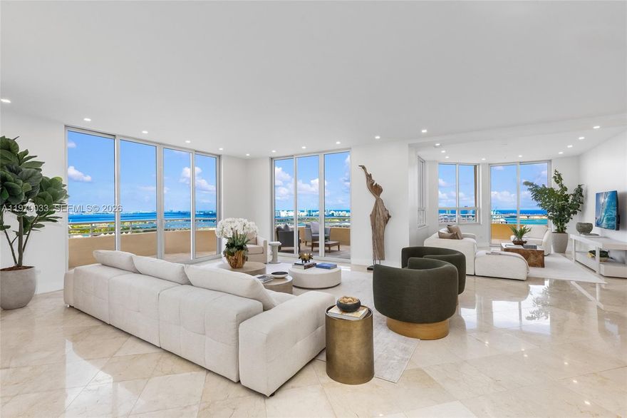 Discover the pinnacle of island living within walking distance of Brickell and Downtown Miami. This expansive two-story House in the Clouds features 5,097 interior sqft, 5 beds, 5.5 baths, an elevator, and balconies set against mesmerizing views of Miami's skyline, Biscayne Bay, Miami Beach, and the Atlantic Ocean. The open, split-floorplan showcases generous living/dining spaces complemented by floor-to-ceiling windows. Each spacious bedroom has its own ensuite bath. With two Live-In / Nanny rooms which are not included in the total bedroom count, this massive unit accommodates families of all shapes and sizes. Two Tequesta Point offers resort-style amenities including a heated pool, tennis and basketball courts, gym and spa, concierge and valet, BBQ area, media room, and kid's playroom.