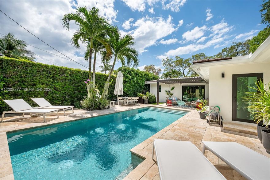 Open Saturday, May 2, 12-2:30. Just listed. Thoughtfully designed 3/3 home in Coral Gables Country Club Section. Welcome to this efficiently laid-out home. Fully permitted, performance improvements in 2024-25 with peace of mind full house generator. Backyard·a true highlight with  a clean rectangular, saltwater pool, framed by natural stone decking, orchids, fruit trees & privacy hedge. Just enough tropical greenery to create privacy without feeling overgrown. Pergola offers a shaded lounge area complementing extra outdoor entertainment space. Mini-split AC climatized garage. Every detail has been refined to create a sense of calm, simplicity. Charming, low-maintenance, home, a must see. MDC does not reflect permitted additional SF or 3rd bathroom.