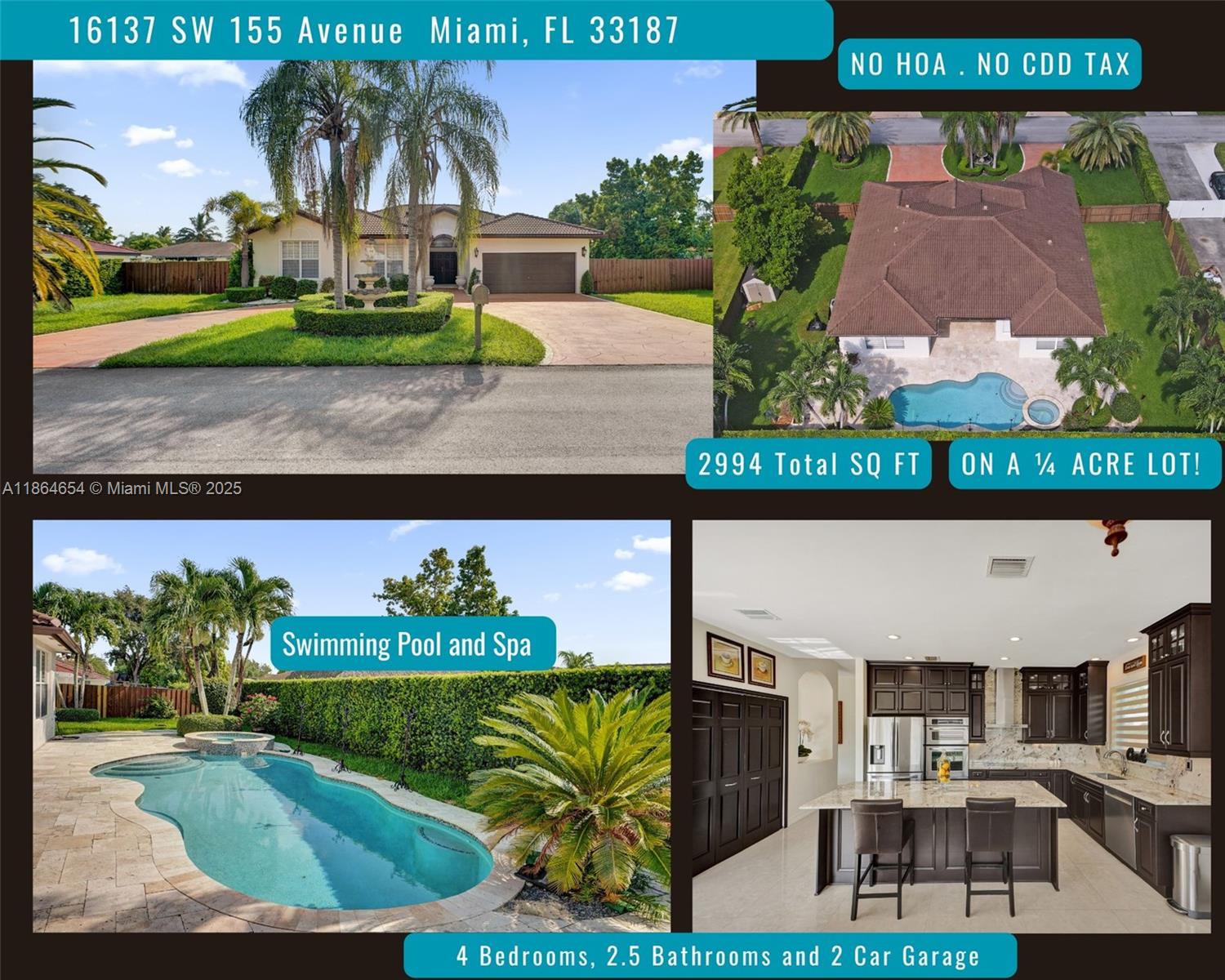 A stunning single-family home offering comfort, style, and privacy with no HOA fees and no CDD tax. This spacious residence boasts 2,994 total sq.ft. on an oversized 12,232 sq. ft. lot (¼ acre). Featuring 4 BR, 2.5 BA & 2-car garage, this home is designed for modern living. Step outside to your own tropical oasis with a resort-style swimming pool and spa, perfect for relaxation and entertaining. The outdoor area includes a built-in, integrated lanai porch, creating the ideal setting for year-round enjoyment. Inside, the home has been beautifully updated with a gourmet kitchen featuring custom cabinetry, granite countertops, stainless steel appliances, & a large island. The open floor plan with high ceilings allows natural light to flow throughout, offering a bright, welcoming atmosphere.