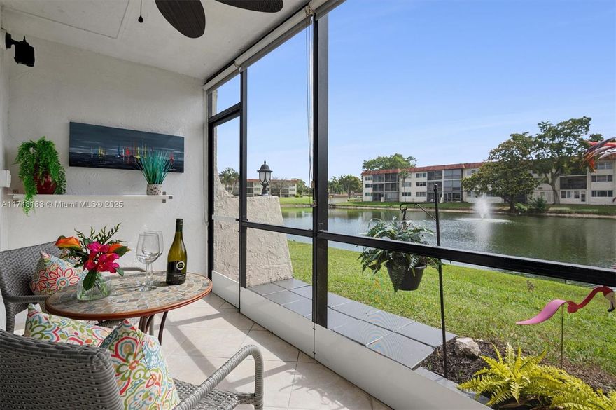 Turn key condo with stunning Golf Course & Lake views. Enjoy breathtaking long lake views from your screened terrace in this bright and beautifully designed turnkey condo, perfectly situated on a scenic par-3-golf course .This well-appointed 2/2 home in a 55+ community features a modern designer kitchen with a convenient lunch granite counter , allowing you to take in picturesque views from the moment you step thought the front door , spacious second bedroom with a murphy bed for flexible 
use ,elegant Livingroom with a high quality Italian leather couch, hurricane proof patio door for peace of mine in the Livingroom, tile throughout for stylish finish, parking right in front your door Live the resort life with free golf (rec lease paid )7 pool , 14 tennis court, theater , gym ,restaurant