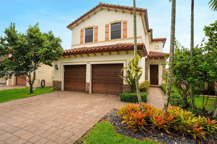 The Vineyards best priced 2 story water front home. This spacious 3-bed, 2.5-bath two-story home offers beautiful water views in a gated community. Features include tile floors downstairs, open kitchen with stainless steel appliances, 2-car garage + parking for 2 more cars in driveway, upstairs laundry, and plush carpet in all bedrooms. Enjoy serene lake views from the private patio. Amenities: resort-style pool, kids’ splash park, gym, clubhouse, and playground. Ideally located near the Turnpike, shopping, dining, Baptist Hospital. Investors - No lease first five years of ownership. Near Homestead Military base. Very desirable area.