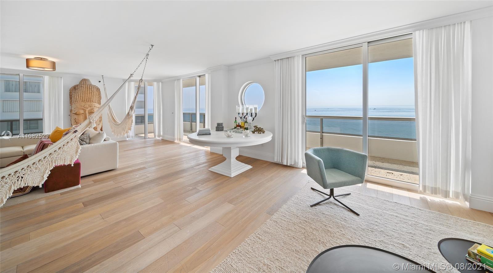 Enjoy the most breathtaking direct ocean views from this 5BR/6.5BA unit with an incredible 4,599 SF of interior space. Located in an exclusive Miami Beach boutique building, you will find only one apartment per floor granting each unit a 360 degree view from their 800 SF wrap-around balcony. This unit has been generously renovated and modified from the original floor plan to make it more ideal for entertaining. The unit also boasts an over-sized living room, a professional automation system, marble and hard wood floors, and chef's kitchen with top-of-the-line appliances just to name a few... The building also has 24 hour security, heated pool, gym, sauna, kid's room and beach services. 3 deeded covered parking spaces included in purchase.
