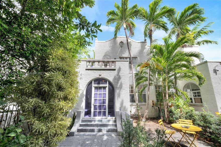 Unique opportunity to own a TOWNHOUSE in the heart of South Beach with private PATIO, second floor TERRACE and private GARAGE. With large arched windows, this beautiful mediterranean 2-bedroom condo is flooded with sunlight. Relax in your gated front yard patio or on your terrace overlooking the famous tree lined Meridian Avenue. Eat-in kitchen, 1 and 1/2 bathrooms, deco fireplace, wooden staircase, tile and bamboo floor, central AC, washer-dryer. Perfect location a few blocks from the beach, Flamingo Park, South of 5th or Alton shopping.