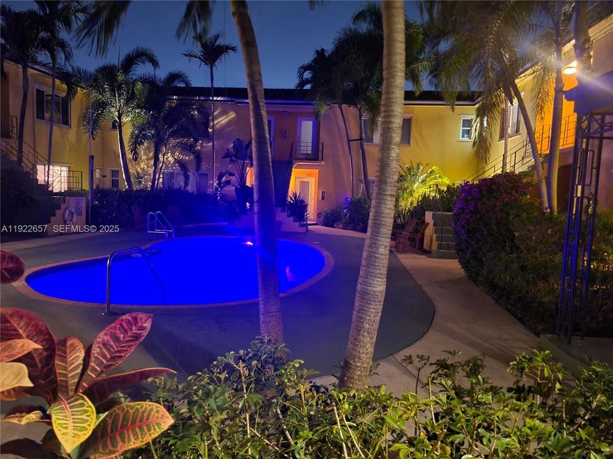 GREAT LOCATION! Beautifully appointed second Floor unit overlooking pool. Remodeled Condo, tile floor central A/C.  Large floor plan, high ceilings in an extremely quiet professional community. Assigned parking along with abundance of off street parking. Units in this quintessential midcentury building rarely come up for rent.. will rent immediately.