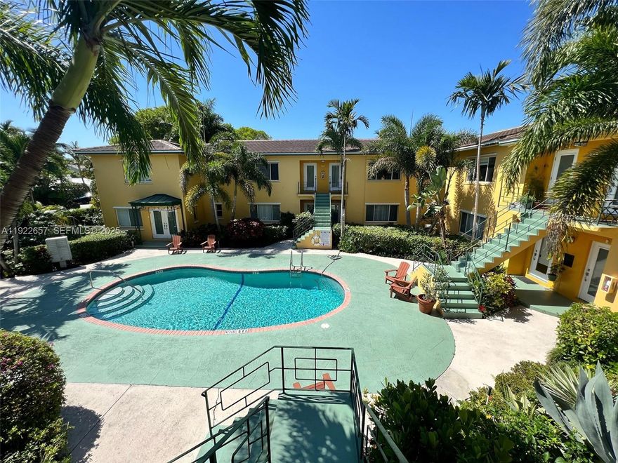 GREAT LOCATION! Beautifully appointed second Floor unit overlooking pool. Remodeled Condo, tile floor central A/C.  Large floor plan, high ceilings in an extremely quiet professional community. Assigned parking along with abundance of off street parking. Units in this quintessential midcentury building rarely come up for rent.. will rent immediately.