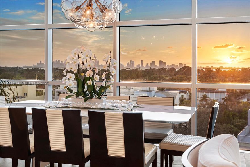 Breathtaking Sunset & Skyline Views from Private, Guard-Gated Aqua Island. This exquisite & rarely available 4BD/4.5BA corner residence offers unparalleled luxury with serene sunset, Downtown Miami skyline, golf course, & bay views. Chic & thoughtfully upgraded, the home features sophisticated interiors, high ceilings, electric blinds throughout, a newer open eat-in kitchen with a large walk-in pantry, Sub-Zero wine cooler, & an expansive great room. Floor-to-ceiling walls of glass flood the space with natural light while perfectly framing the stunning sunsets & cityscape. An art lover’s paradise, the residence boasts top-of-the-line fixtures & finishes, generous wall space for curated collections, & a layout that feels both grand & intimate. The spacious primary suite is exceptionally appointed with a large walk-in closet plus 3 additional closets, & a spa-like bathroom featuring dual vanities, a Toto toilet, & an upgraded glass-enclosed shower. Additional highlights include a tankless water heater, 2 assigned parking spaces, & complimentary valet. Residents enjoy exclusive island living with 24-hour guard-gated security, concierge services, a fitness center, & 2 resort-style swimming pools set on 8.5 acres. The community allows residents to have 2 dogs. Just one block from the beach & boardwalk, minutes from top schools, premier dining & shopping, & only 15 minutes to Miami International Airport.