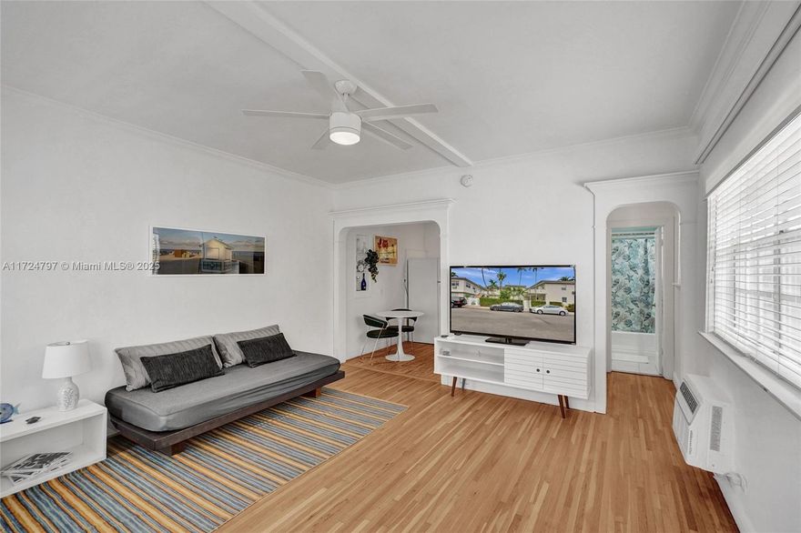 Rare Beach find!  Nestled in a small secure building this Corner apartment hideaway has been completely redone!  Gorgeous blonde hardwood floors, crown molding accents throughout, newly installed white out window treatments, and freshly painted.  Lots of natural light.  A cool private courtyard is steps from the Espanola Way shops, Flamingo Park, pool/tennis courts, and the white sand beaches.   This investor and pet friendly building recently passed the 50/40 building recertification.